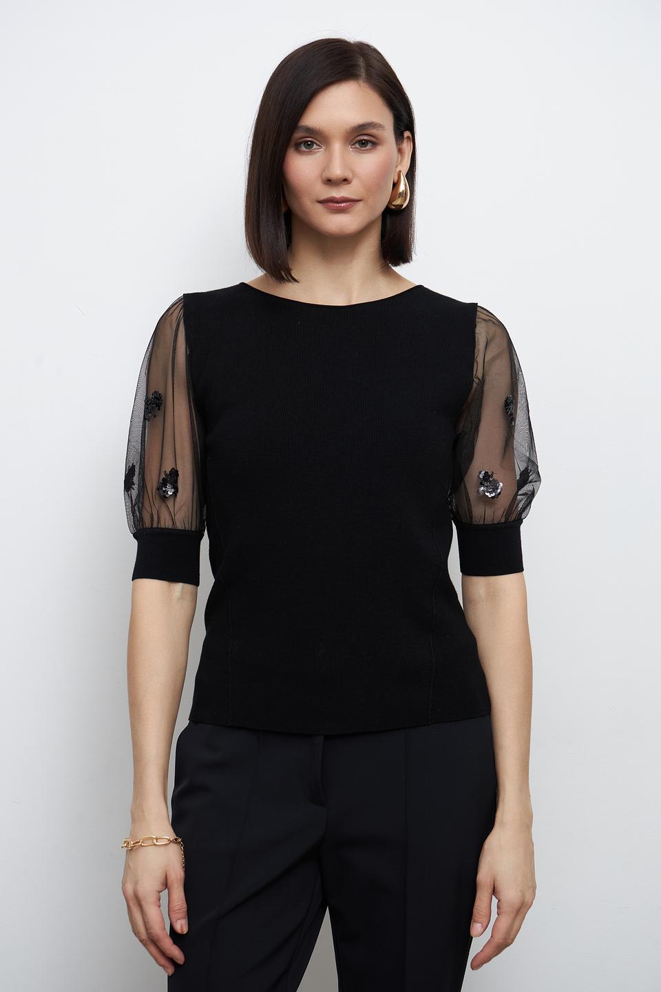 Пуловер Oui с рукавами-фонариками чёрный