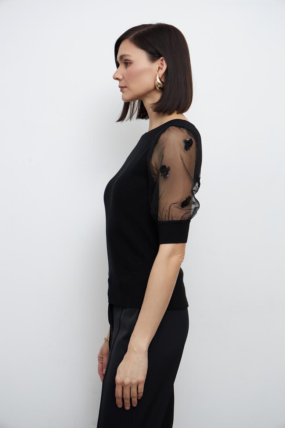 Пуловер Oui с рукавами-фонариками чёрный