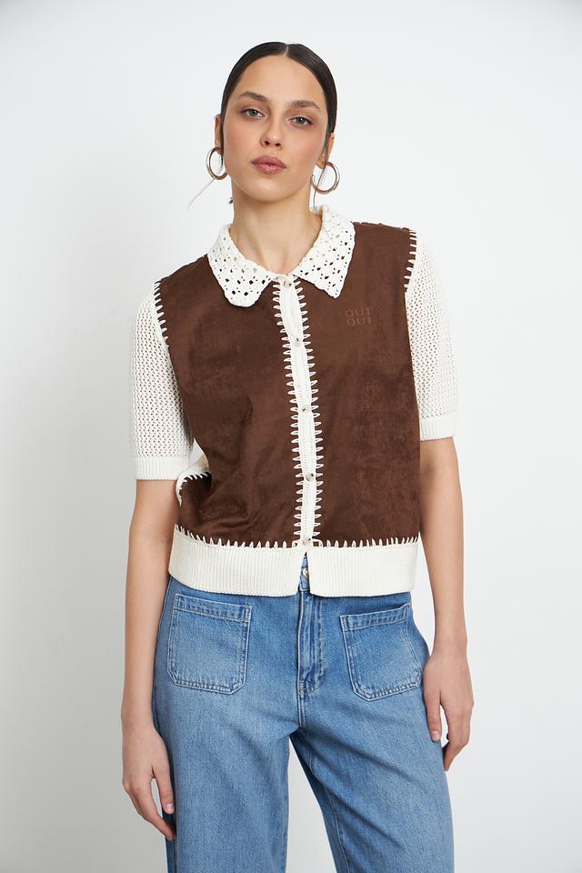 Жакет Oui коричневый с вязаным воротником
