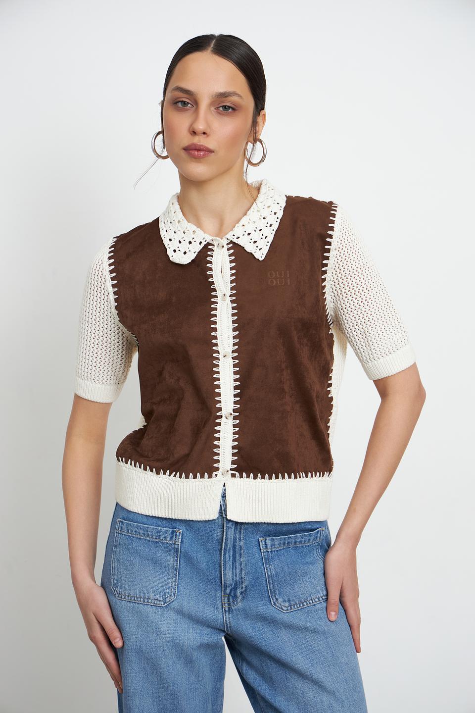 Жакет Oui коричневый с вязаным воротником