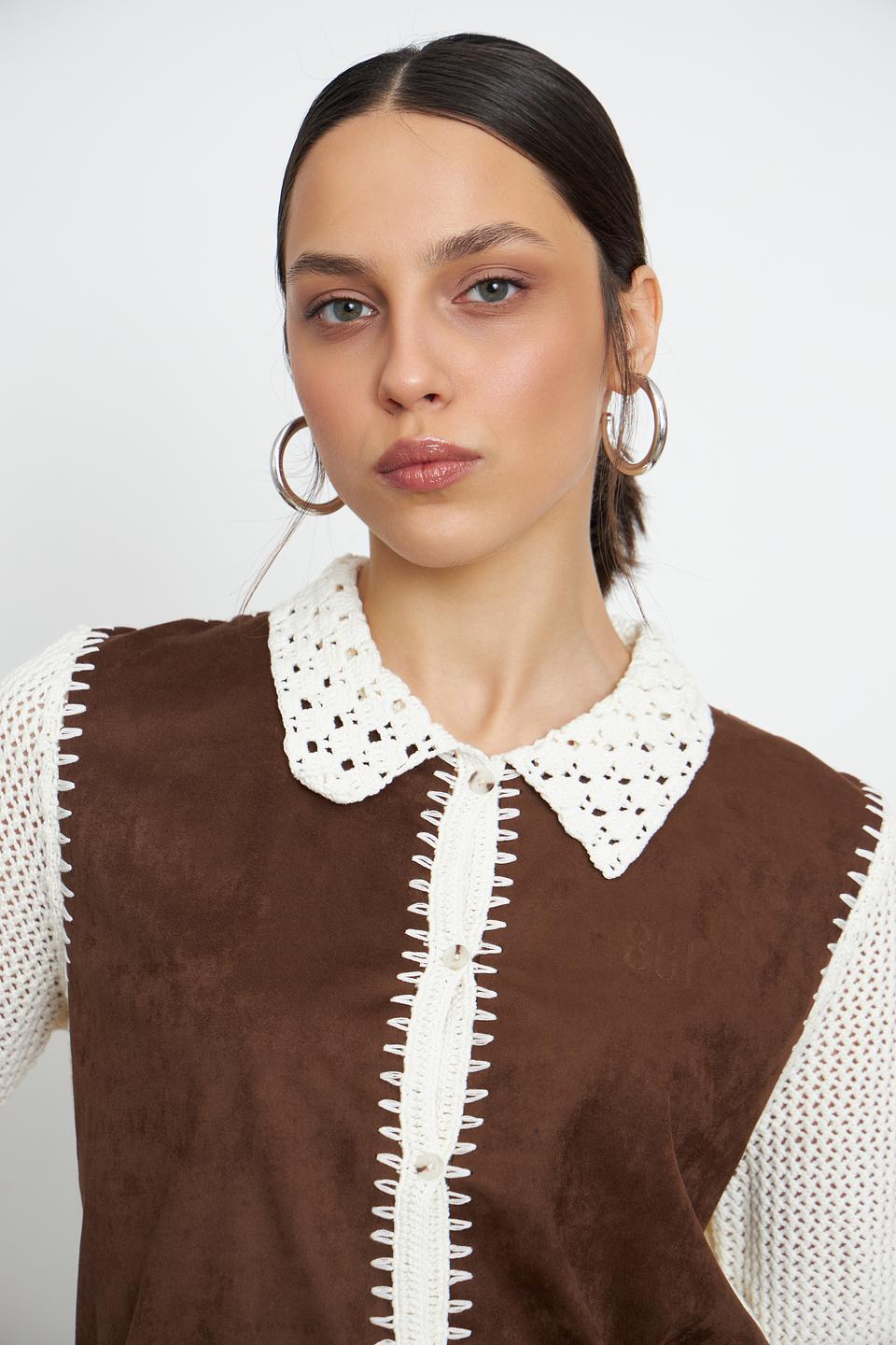 Жакет Oui коричневый с вязаным воротником