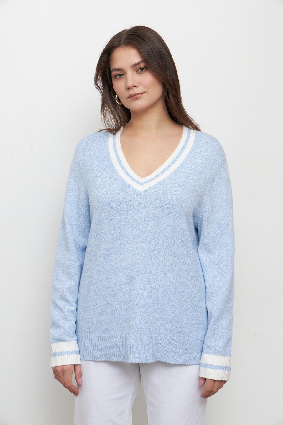 Пуловер Olsen голубой с V-образным вырезом