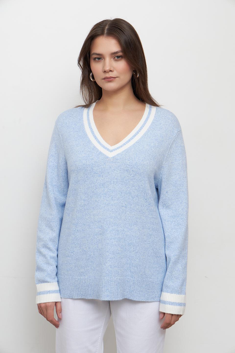 Пуловер Olsen голубой с V-образным вырезом