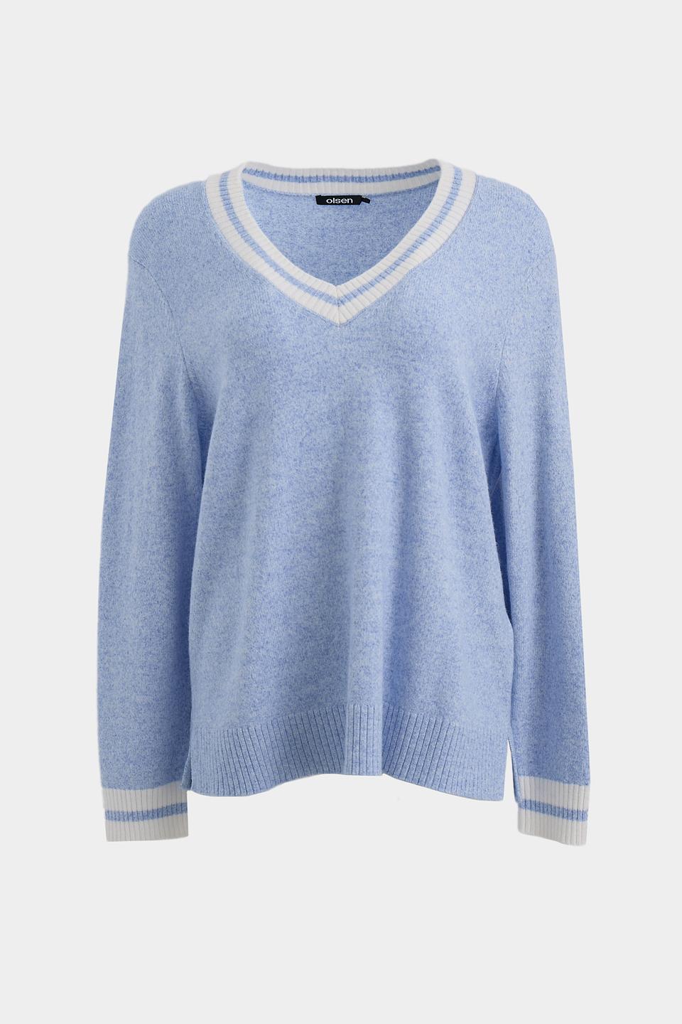 Пуловер Olsen голубой с V-образным вырезом