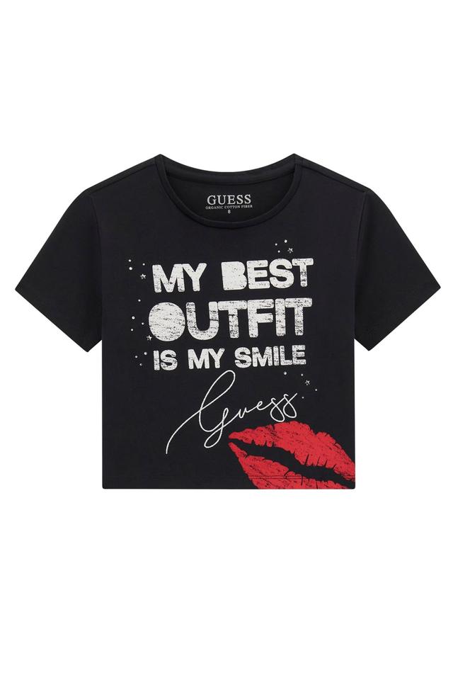 Черная укороченная футболка Guess с принтом