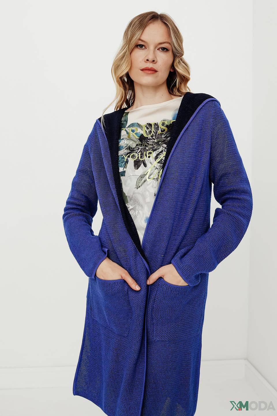 Кардиган Oui вязаный синий с капюшоном