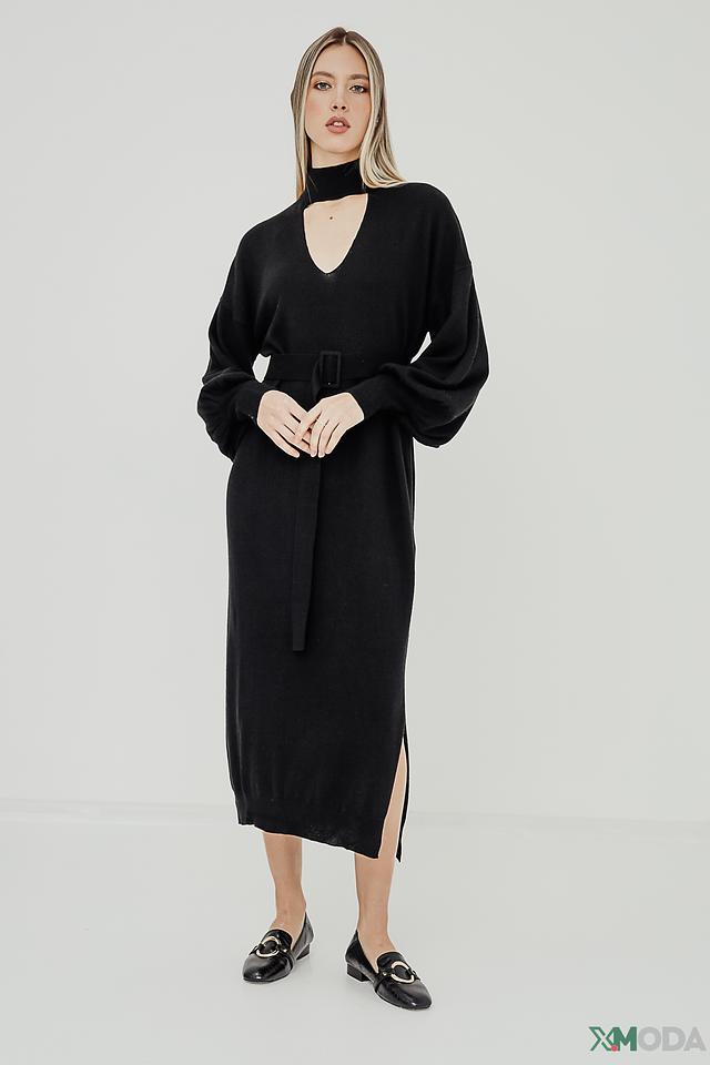 Платье Icona вязаное черное с поясом