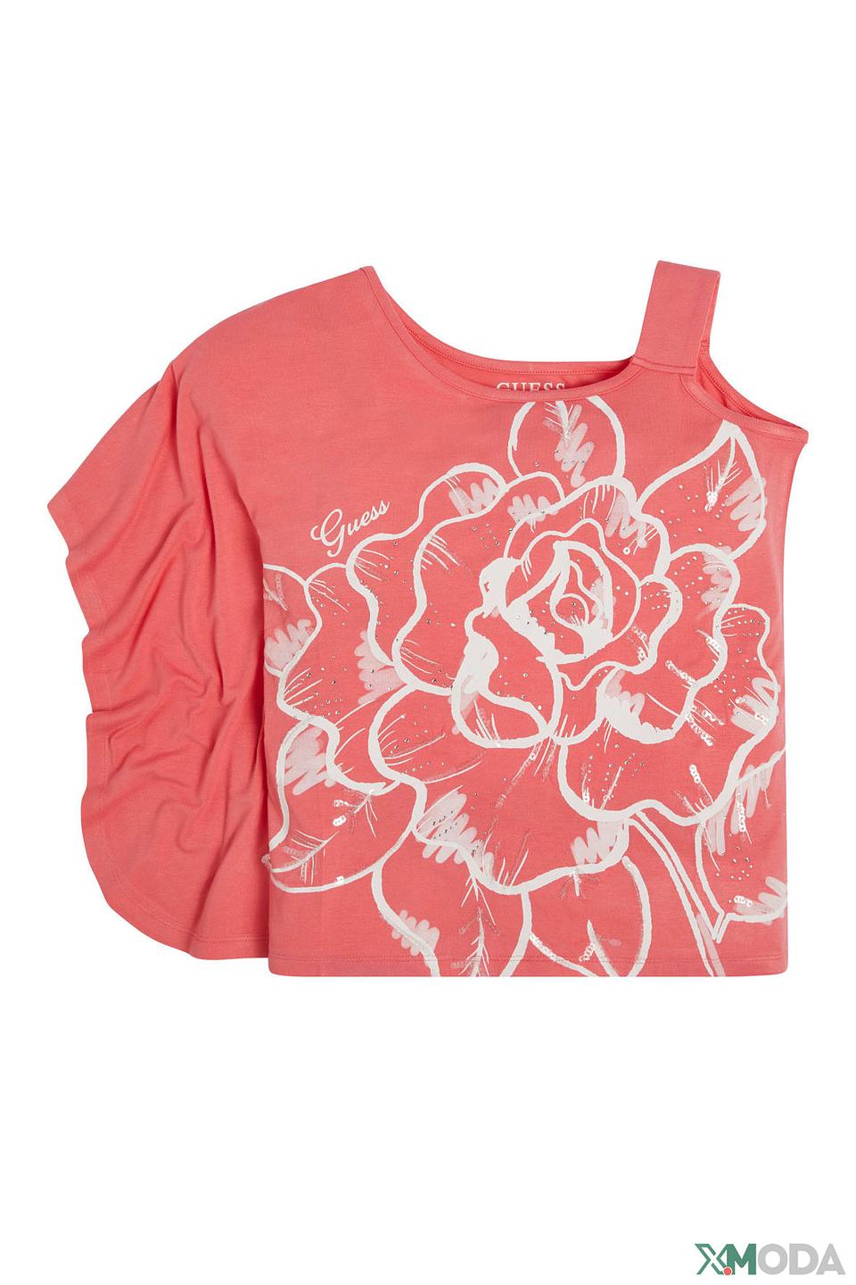 Футболка Guess с открытым плечом, коралловая