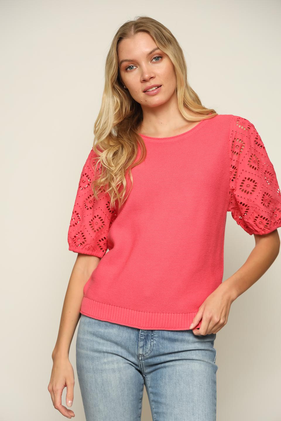 Пуловер Oui с ажурными рукавами коралловый