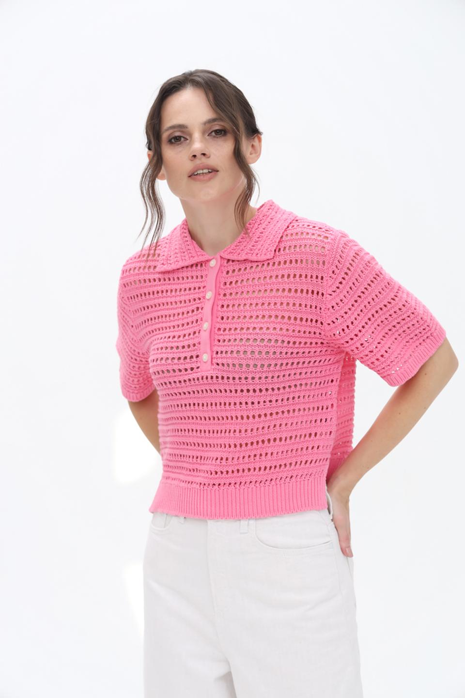 Пуловер Tom Tailor розовый с воротником-поло