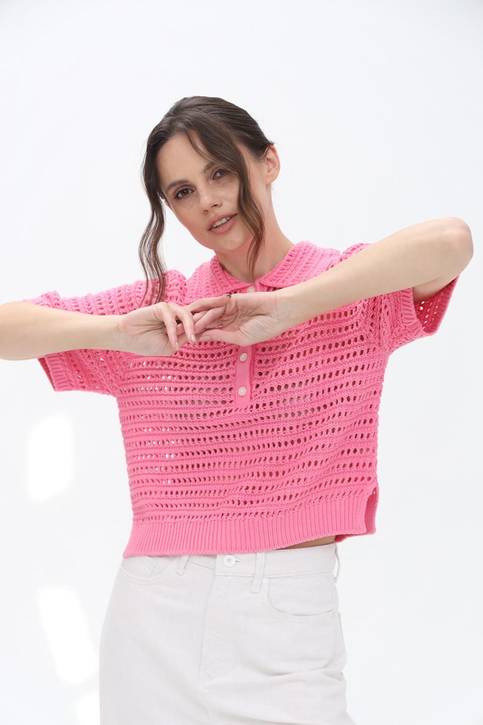 Пуловер Tom Tailor розовый с воротником-поло