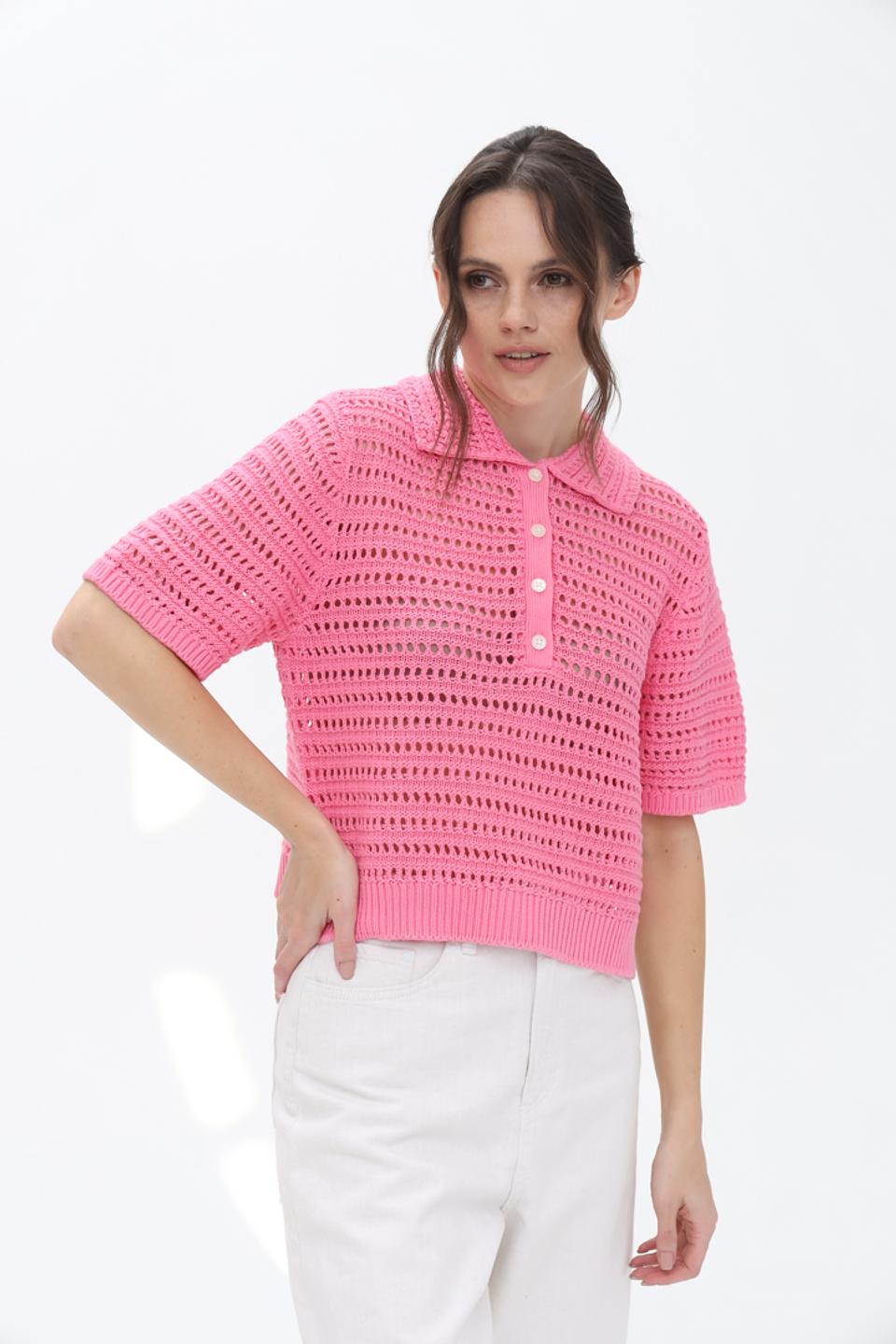 Пуловер Tom Tailor розовый с воротником-поло