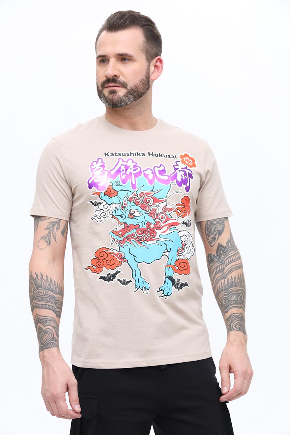 Футболка Alcott с принтом Katsushika Hokusai бежевая