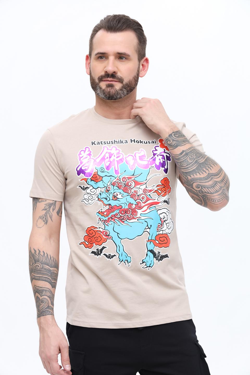 Футболка Alcott с принтом Katsushika Hokusai бежевая