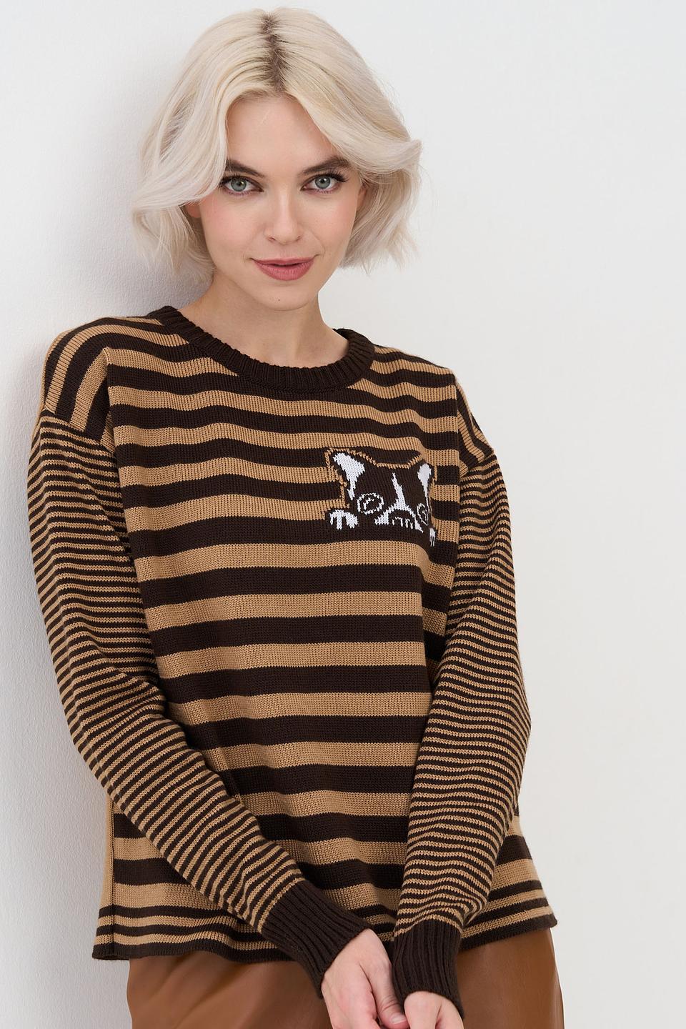 Джемпер BE YOU в полоску с котиками коричневый