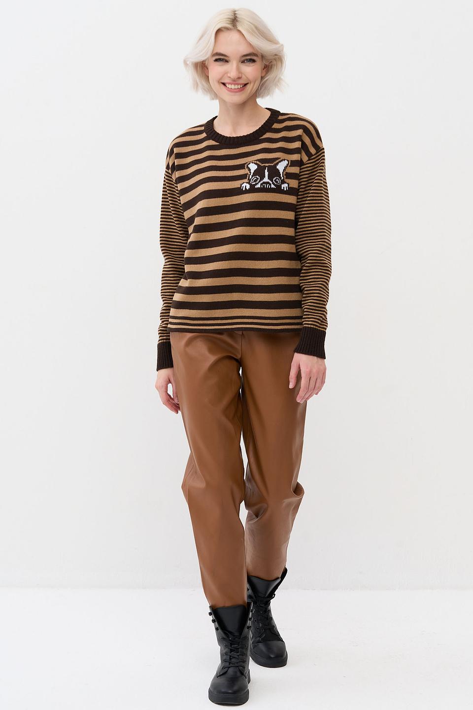 Джемпер BE YOU в полоску с котиками коричневый