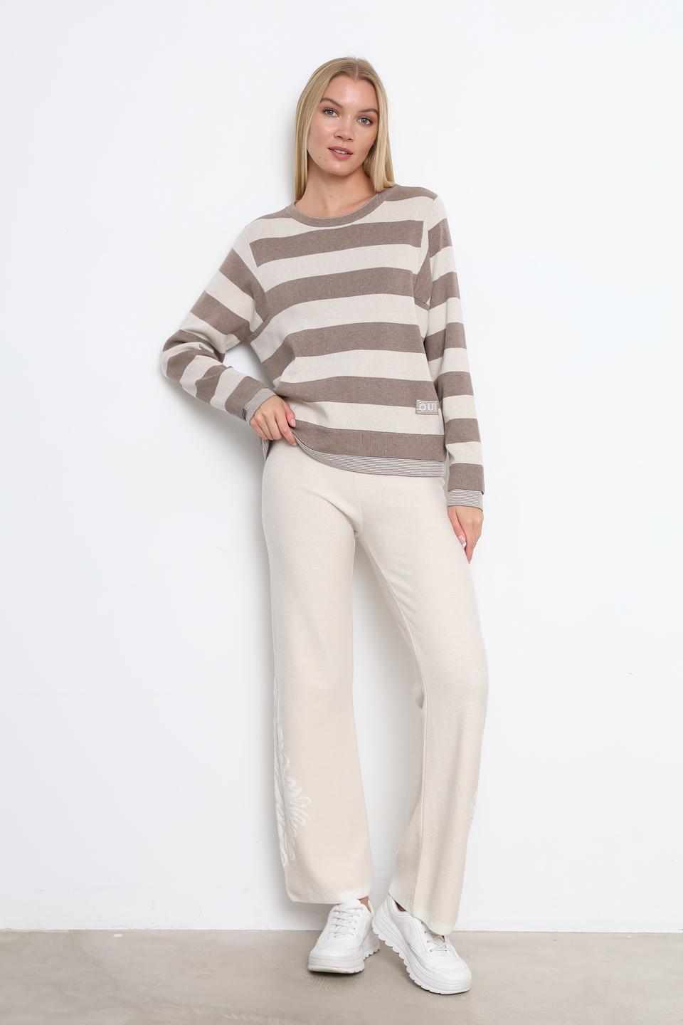 Пуловер Oui в полоску бежевый