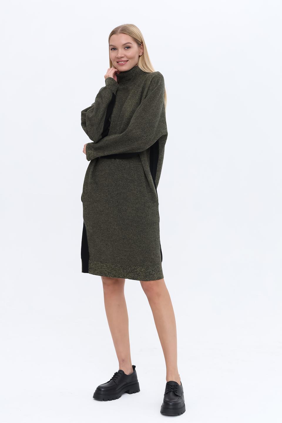 Платье UNQ шерсть хаки с черными вставками