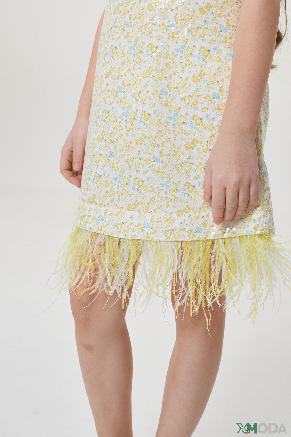 Платье Choupette белое с пайетками и перьями