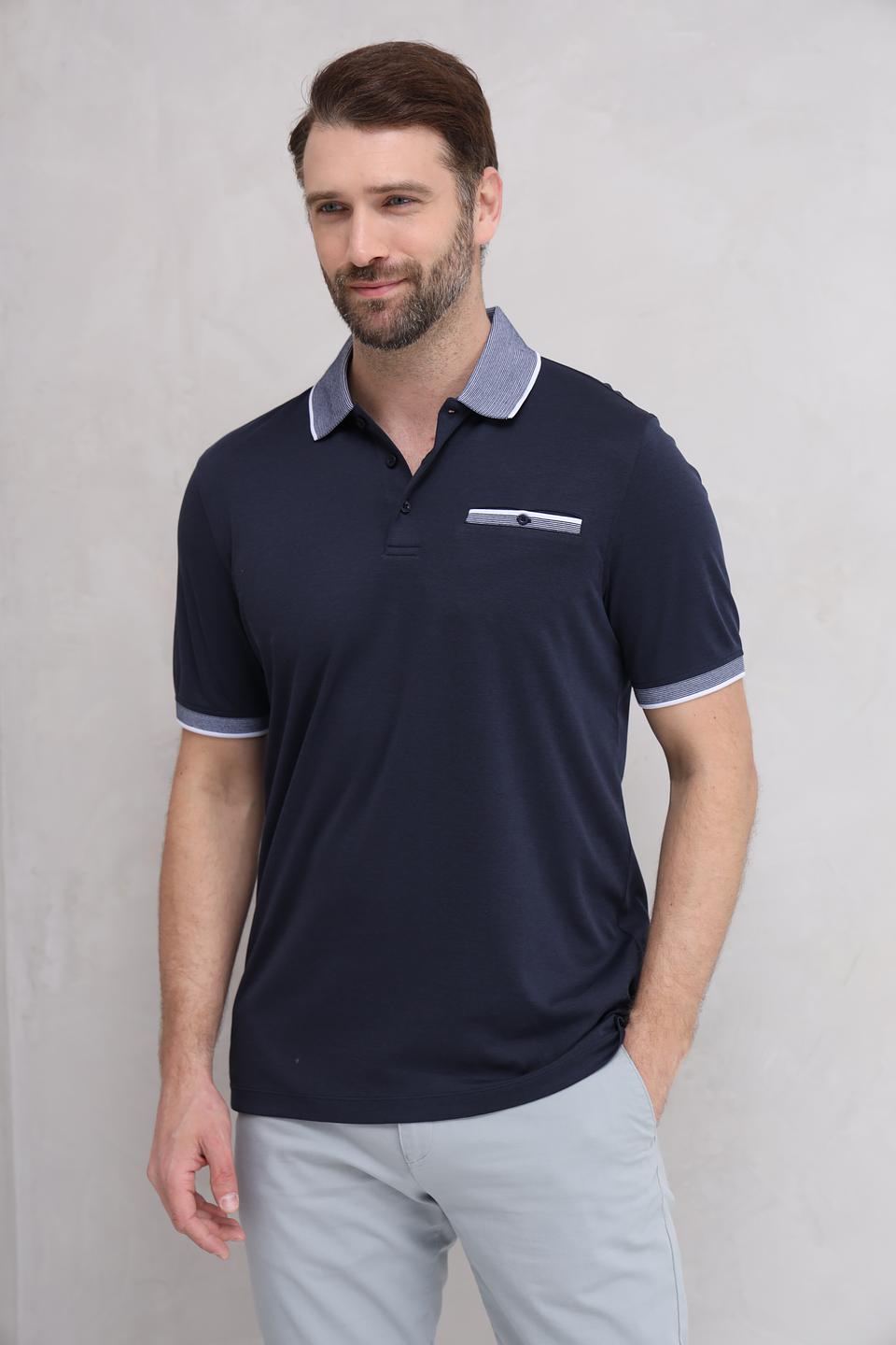 Поло Bugatti темно-синее с серым воротником