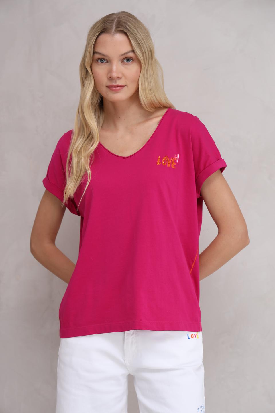 Футболка Oui с вышивкой LOVE малиновая