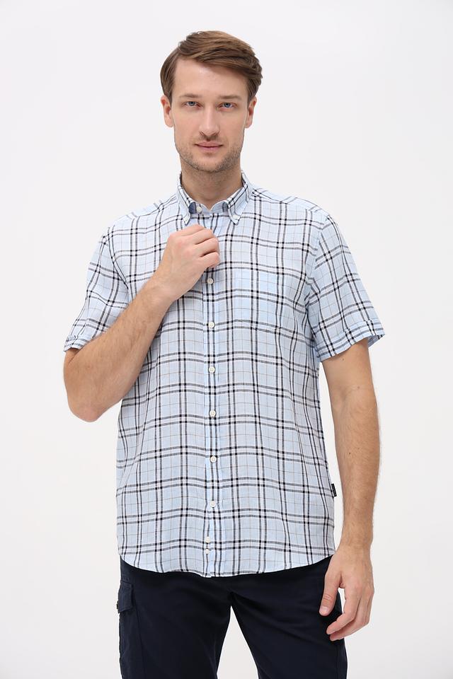 Рубашка кр Bugatti в клетку голубая