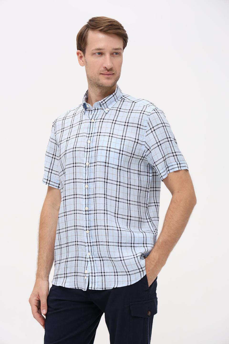 Рубашка кр Bugatti в клетку голубая