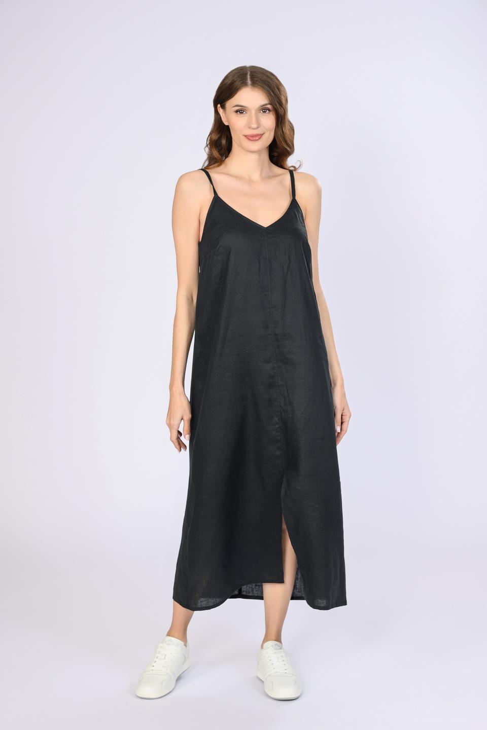 Платье Emka льняное чёрное на бретелях