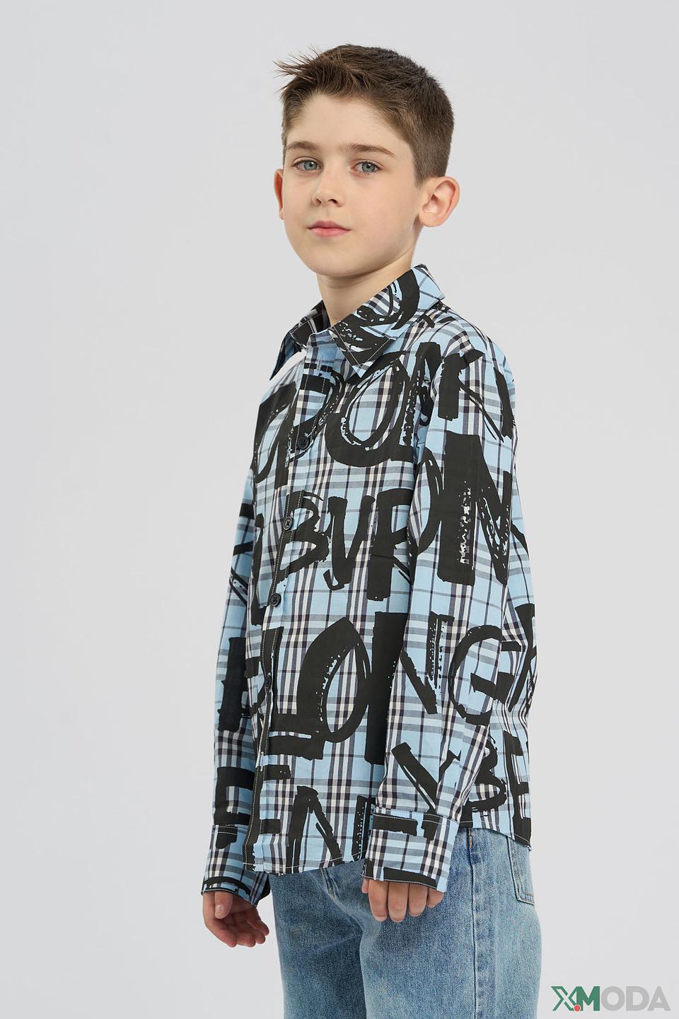 Рубашка Choupette голубая в клетку с черными буквами для мальчика