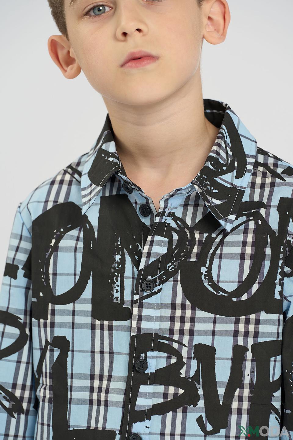 Рубашка Choupette голубая в клетку с черными буквами для мальчика
