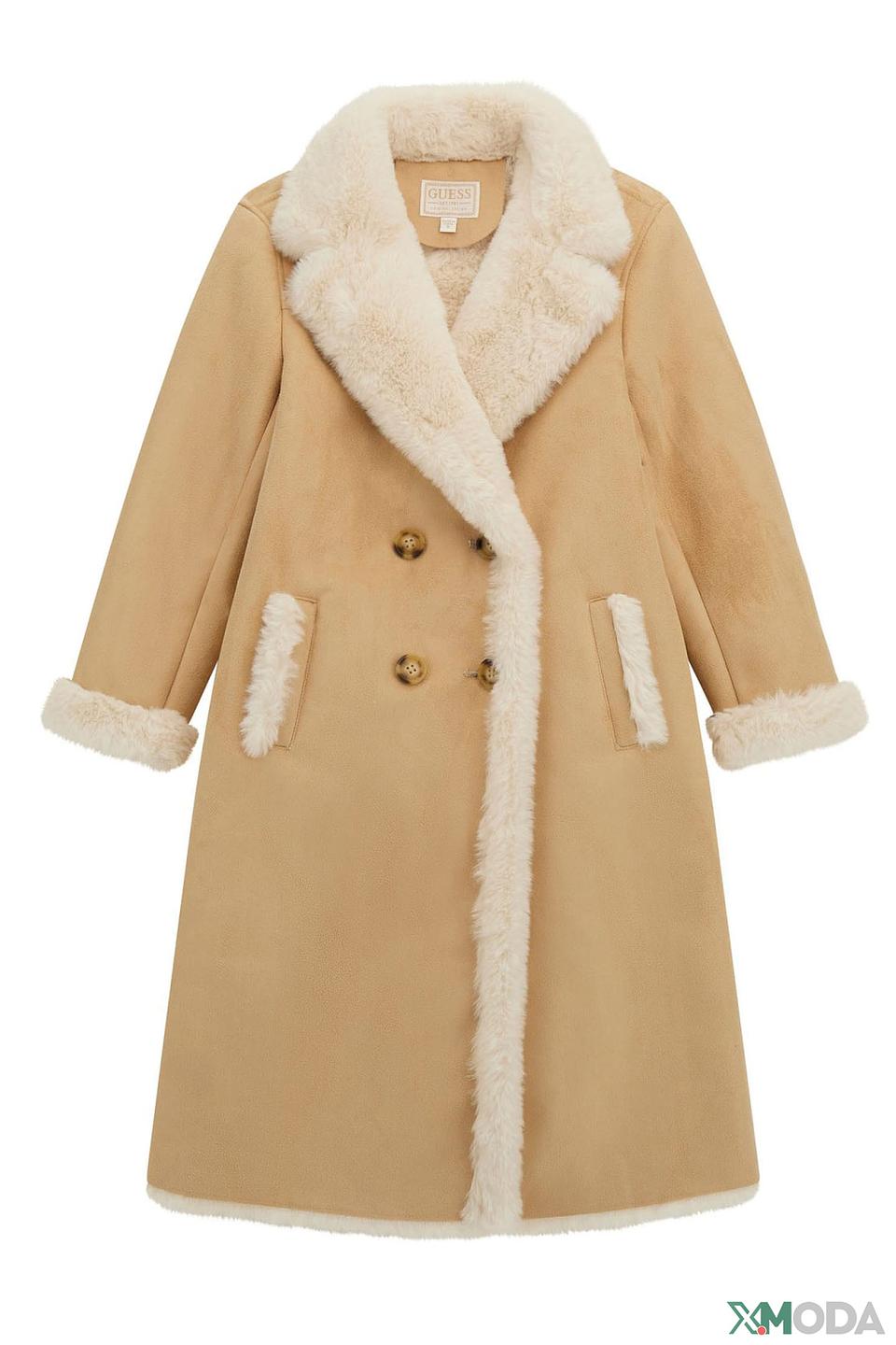 Пальто Guess с меховой отделкой бежевое