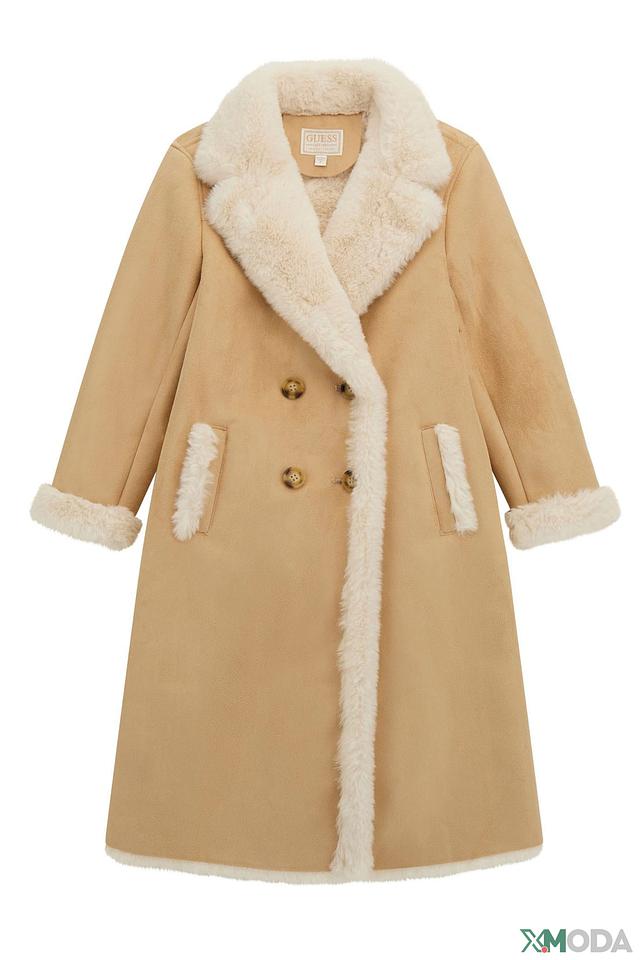 Пальто Guess с меховой отделкой бежевое