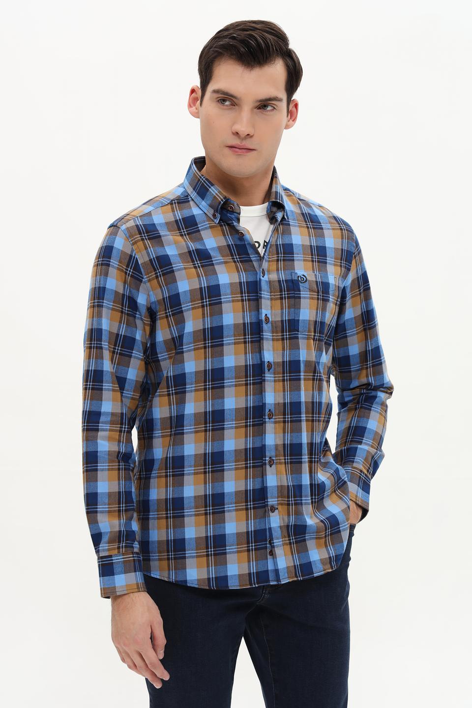 Рубашка Bugatti в клетку сине-горчичная