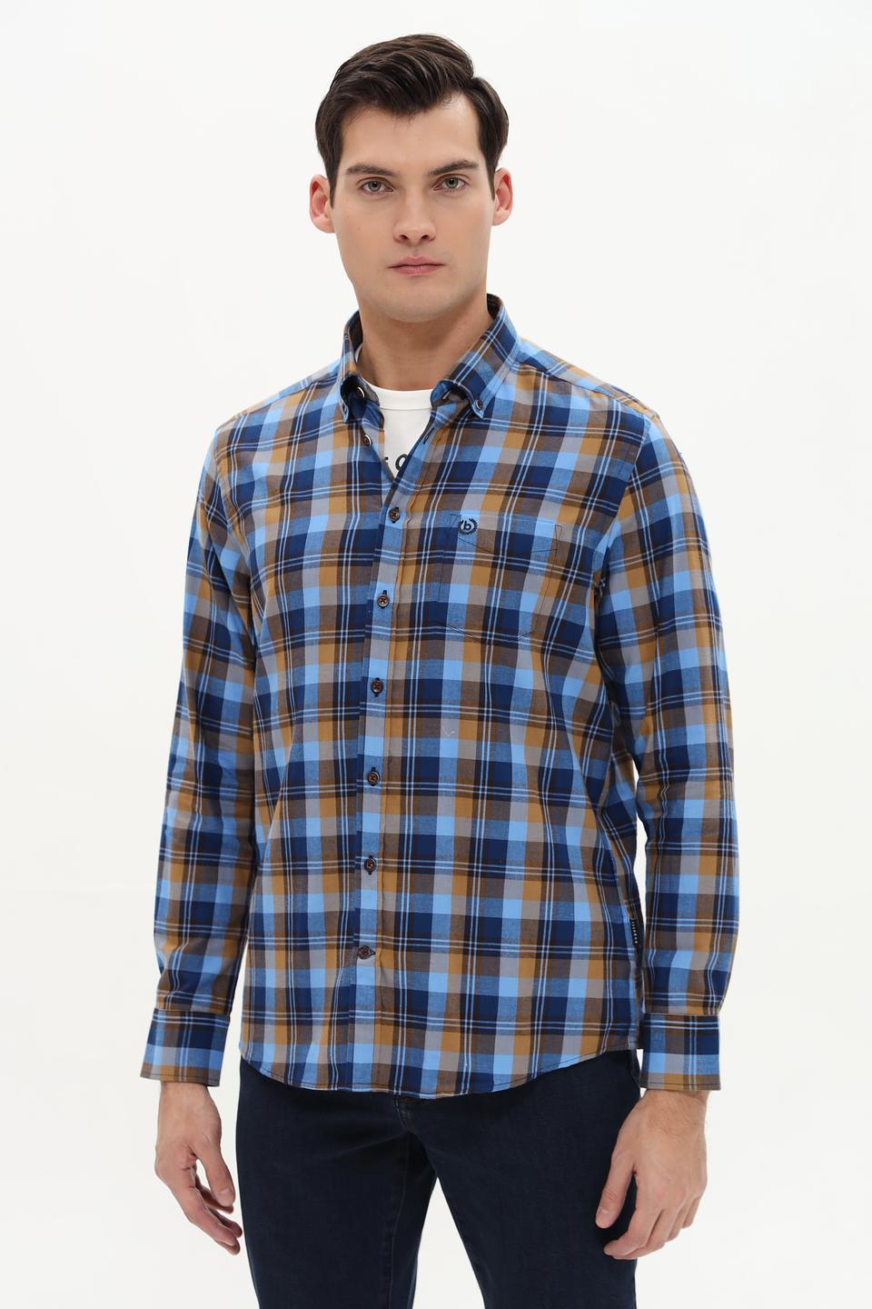 Рубашка Bugatti в клетку сине-горчичная