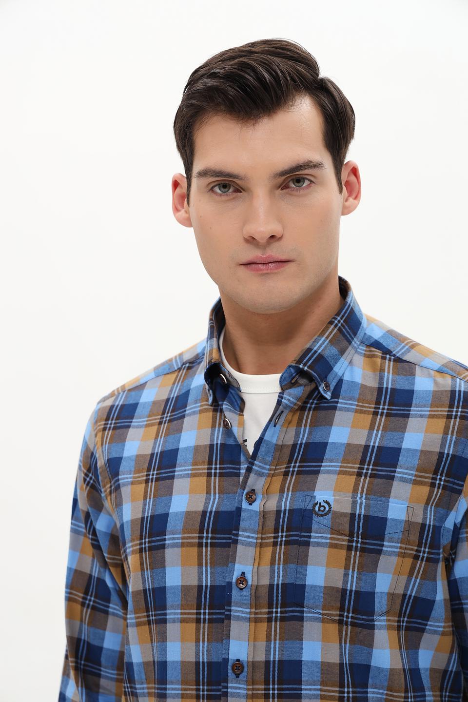 Рубашка Bugatti в клетку сине-горчичная