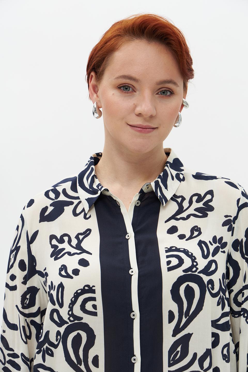 Блуза Frapp с принтом бежево-синяя