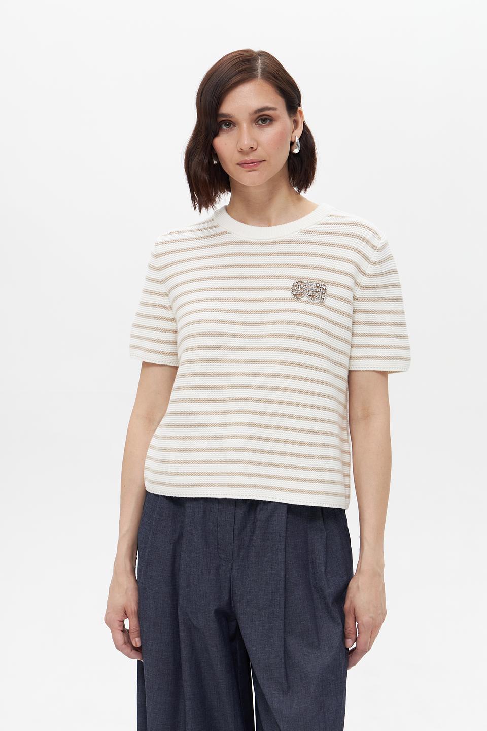 Пуловер Oui в полоску бежевый