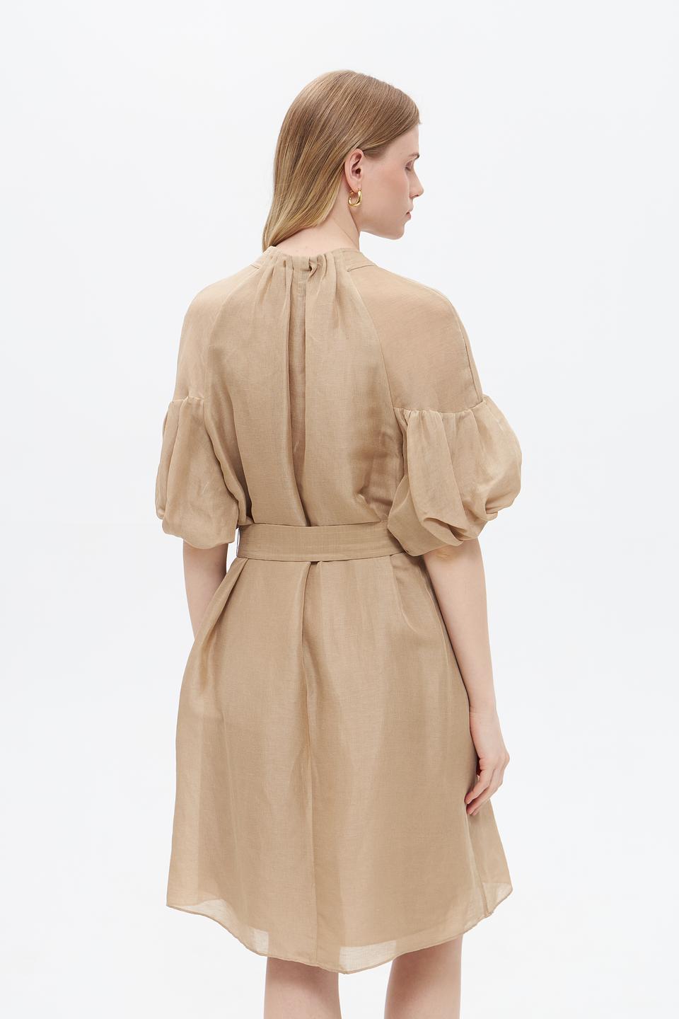 Платье Marc Cain бежевое с поясом из льна и шелка