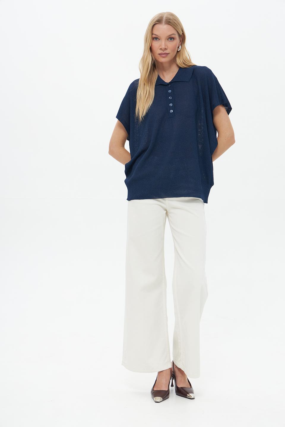 Пуловер Croche с воротником-поло тёмно-синий