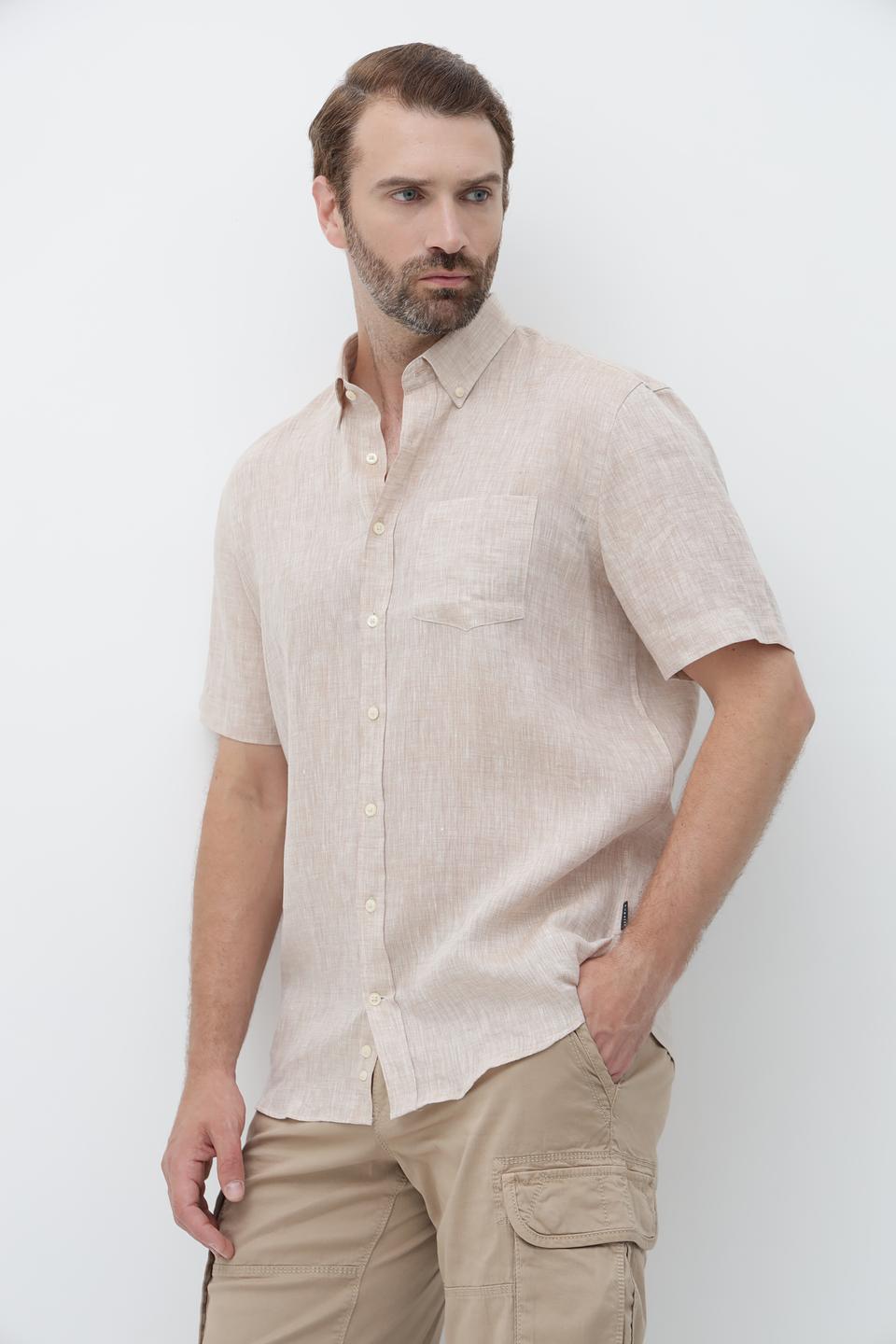 Рубашка кр Bugatti лен бежевый