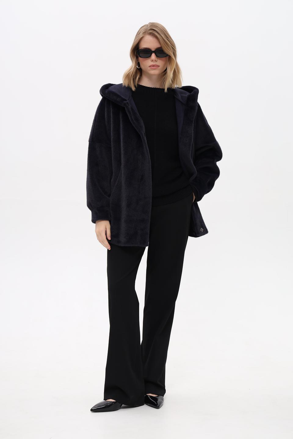 Шуба Electra style с капюшоном тёмно-синяя