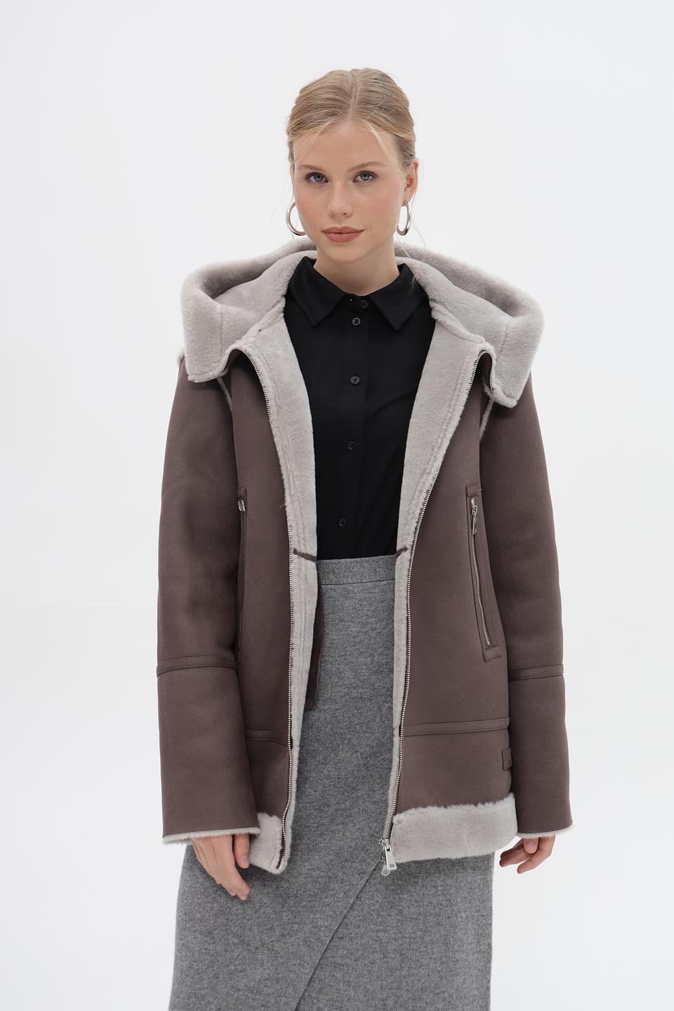 Дублёнка Electra style с капюшоном серая