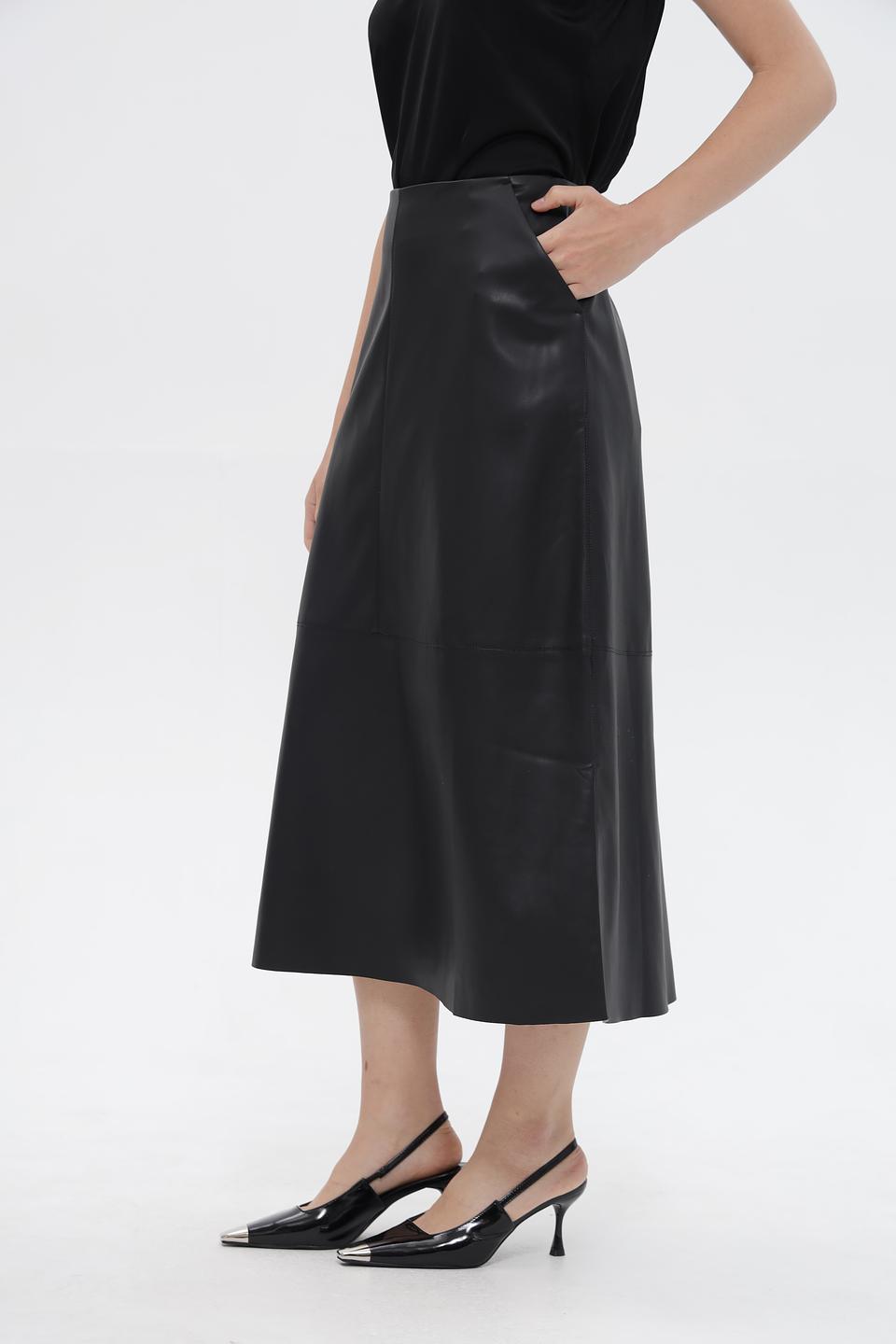 Юбка Lecomte кожаная чёрная миди
